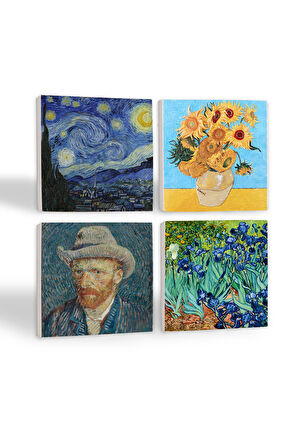 Van Gogh On İki Ayçiçekli Vazo, İrisler, Yıldızlı Gece, Otoportre Taş Bardak Altlığı Masaüstü Koruyucu Altlık 4 Parça Set 10x10cm Stone Coasters