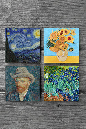Van Gogh On İki Ayçiçekli Vazo, İrisler, Yıldızlı Gece, Otoportre Taş Bardak Altlığı Masaüstü Koruyucu Altlık 4 Parça Set 10x10cm Stone Coasters