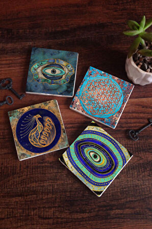 Nazar, Yaşam Çiçeği, Tavus Kuşu Taş Bardak Altlığı Masaüstü Koruyucu Altlık 4 Parça Set 10x10cm Stone Coasters