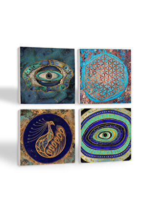 Nazar, Yaşam Çiçeği, Tavus Kuşu Taş Bardak Altlığı Masaüstü Koruyucu Altlık 4 Parça Set 10x10cm Stone Coasters