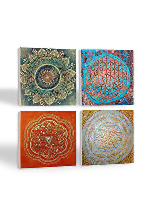 Mandala, Yaşam Çiçeği, Sri Yantra Taş Bardak Altlığı Masaüstü Koruyucu Altlık 4 Parça Set 10x10cm Stone Coasters