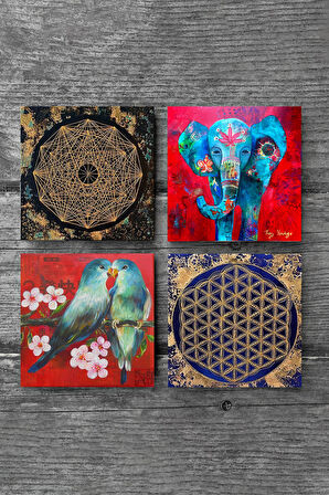 Fil, Kuş, Sri Yantra, Yaşam Çiçeği Taş Bardak Altlığı Masaüstü Koruyucu Altlık 4 Parça Set 10x10cm Stone Coasters