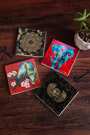 Fil, Kuş, Horus'un Gözü, Sri Yantra Taş Bardak Altlığı Masaüstü Koruyucu Altlık 4 Parça Set 10x10cm Stone Coasters