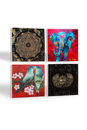 Fil, Kuş, Horus'un Gözü, Sri Yantra Taş Bardak Altlığı Masaüstü Koruyucu Altlık 4 Parça Set 10x10cm Stone Coasters
