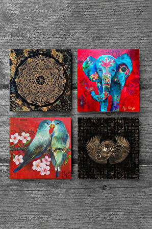Fil, Kuş, Horus'un Gözü, Sri Yantra Taş Bardak Altlığı Masaüstü Koruyucu Altlık 4 Parça Set 10x10cm Stone Coasters