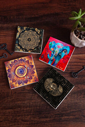 Mandala, Fil, Horus'un Gözü, Sri Yantra Taş Bardak Altlığı Masaüstü Koruyucu Altlık 4 Parça Set 10x10cm Stone Coasters