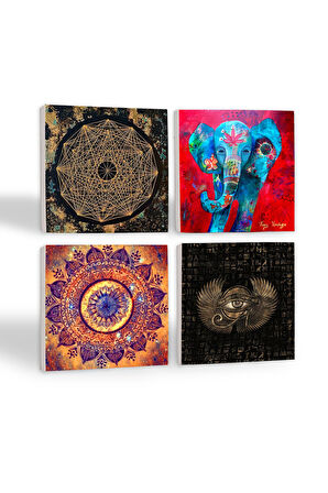 Mandala, Fil, Horus'un Gözü, Sri Yantra Taş Bardak Altlığı Masaüstü Koruyucu Altlık 4 Parça Set 10x10cm Stone Coasters