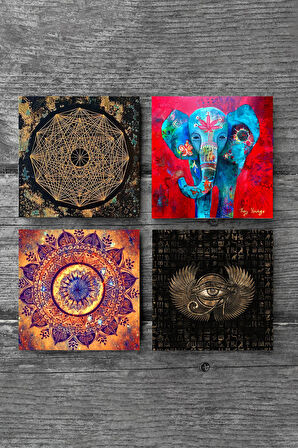 Mandala, Fil, Horus'un Gözü, Sri Yantra Taş Bardak Altlığı Masaüstü Koruyucu Altlık 4 Parça Set 10x10cm Stone Coasters