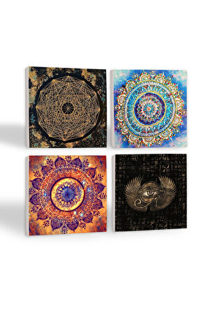 Mandala, Horus'un Gözü, Sri Yantra Taş Bardak Altlığı Masaüstü Koruyucu Altlık 4 Parça Set 10x10cm Stone Coasters
