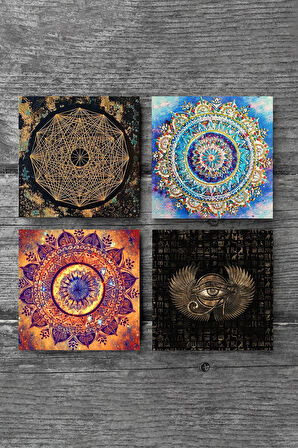 Mandala, Horus'un Gözü, Sri Yantra Taş Bardak Altlığı Masaüstü Koruyucu Altlık 4 Parça Set 10x10cm Stone Coasters