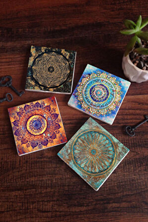 Mandala, Sri Yantra, Yaşam Çiçeği Taş Bardak Altlığı Masaüstü Koruyucu Altlık 4 Parça Set 10x10cm Stone Coasters