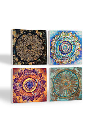 Mandala, Sri Yantra, Yaşam Çiçeği Taş Bardak Altlığı Masaüstü Koruyucu Altlık 4 Parça Set 10x10cm Stone Coasters