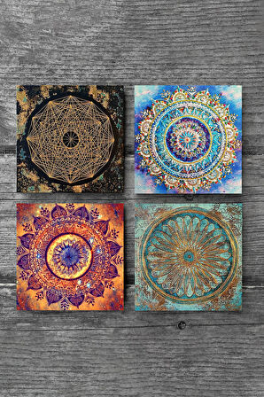 Mandala, Sri Yantra, Yaşam Çiçeği Taş Bardak Altlığı Masaüstü Koruyucu Altlık 4 Parça Set 10x10cm Stone Coasters