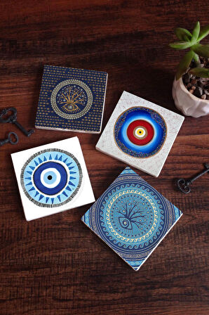 Nazar Taş Bardak Altlığı Masaüstü Koruyucu Altlık 4 Parça Set 10x10cm Stone Coasters