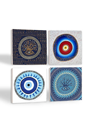 Nazar Taş Bardak Altlığı Masaüstü Koruyucu Altlık 4 Parça Set 10x10cm Stone Coasters