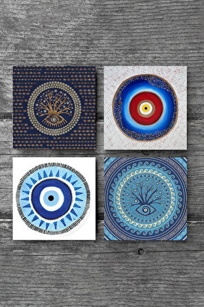Nazar Taş Bardak Altlığı Masaüstü Koruyucu Altlık 4 Parça Set 10x10cm Stone Coasters