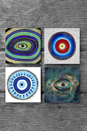 Nazar Taş Bardak Altlığı Masaüstü Koruyucu Altlık 4 Parça Set 10x10cm Stone Coasters