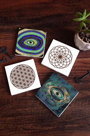 Nazar, Yaşam Çiçeği Taş Bardak Altlığı Masaüstü Koruyucu Altlık 4 Parça Set 10x10cm Stone Coasters