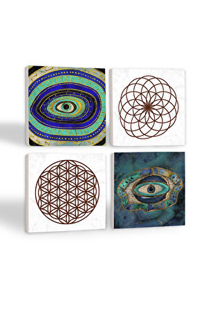 Nazar, Yaşam Çiçeği Taş Bardak Altlığı Masaüstü Koruyucu Altlık 4 Parça Set 10x10cm Stone Coasters