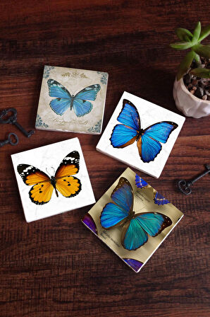 Kelebek Taş Bardak Altlığı Masaüstü Koruyucu Altlık 4 Parça Set 10x10cm Stone Coasters