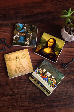 Da Vinci Son Akşam Yemeği, Kayalıklar Bakiresi, Mona Lisa, Vitruvius Adamı Taş Bardak Altlığı Masaüstü Koruyucu Altlık 4 Parça Set 10x10cm Stone Coasters