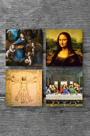 Da Vinci Son Akşam Yemeği, Kayalıklar Bakiresi, Mona Lisa, Vitruvius Adamı Taş Bardak Altlığı Masaüstü Koruyucu Altlık 4 Parça Set 10x10cm Stone Coasters