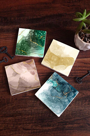 Soyut Sanat Taş Bardak Altlığı Masaüstü Koruyucu Altlık 4 Parça Set 10x10cm Stone Coasters