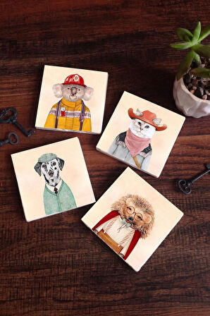 Kirpi, Köpek, Kedi, Koala Taş Bardak Altlığı Masaüstü Koruyucu Altlık 4 Parça Set 10x10cm Stone Coasters