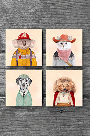 Kirpi, Köpek, Kedi, Koala Taş Bardak Altlığı Masaüstü Koruyucu Altlık 4 Parça Set 10x10cm Stone Coasters