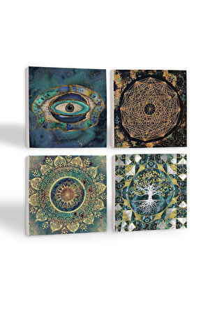 Hayat Ağacı, Mandala, Nazar, Sri Yantra Taş Bardak Altlığı Masaüstü Koruyucu Altlık 4 Parça Set 10x10cm Stone Coasters