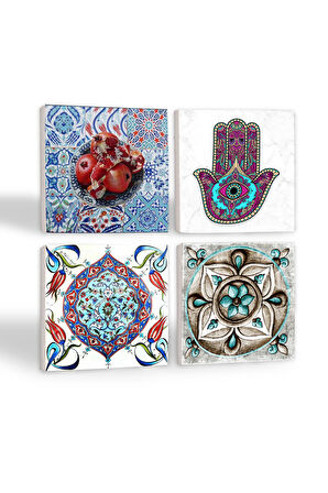 Fatma Ana Eli (Hamsa), Çini Sanatı, Nar Taş Bardak Altlığı Masaüstü Koruyucu Altlık 4 Parça Set 10x10cm Stone Coasters