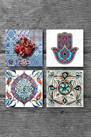 Fatma Ana Eli (Hamsa), Çini Sanatı, Nar Taş Bardak Altlığı Masaüstü Koruyucu Altlık 4 Parça Set 10x10cm Stone Coasters