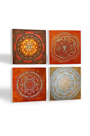 Sri Yantra, Mandala Taş Bardak Altlığı Masaüstü Koruyucu Altlık 4 Parça Set 10x10cm Stone Coasters