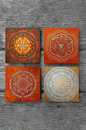 Sri Yantra, Mandala Taş Bardak Altlığı Masaüstü Koruyucu Altlık 4 Parça Set 10x10cm Stone Coasters