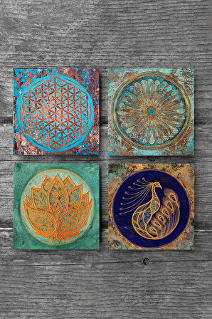 Lotus Çiçeği, Tavus Kuşu, Yaşam Çiçeği Taş Bardak Altlığı Masaüstü Koruyucu Altlık 4 Parça Set 10x10cm Stone Coasters