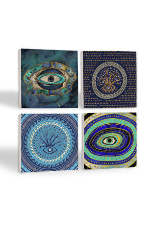 Nazar Taş Bardak Altlığı Masaüstü Koruyucu Altlık 4 Parça Set 10x10cm Stone Coasters