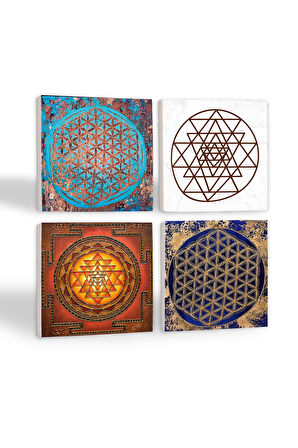 Yaşam Çiçeği, Sri Yantra Taş Bardak Altlığı Masaüstü Koruyucu Altlık 4 Parça Set 10x10cm Stone Coasters