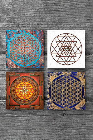 Yaşam Çiçeği, Sri Yantra Taş Bardak Altlığı Masaüstü Koruyucu Altlık 4 Parça Set 10x10cm Stone Coasters