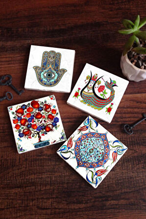 Şahmeran, Çini Sanatı, Nar Ağacı, Fatma Ana Eli (Hamsa) Taş Bardak Altlığı Masaüstü Koruyucu Altlık 4 Parça Set 10x10cm Stone Coasters