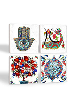 Şahmeran, Çini Sanatı, Nar Ağacı, Fatma Ana Eli (Hamsa) Taş Bardak Altlığı Masaüstü Koruyucu Altlık 4 Parça Set 10x10cm Stone Coasters