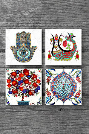 Şahmeran, Çini Sanatı, Nar Ağacı, Fatma Ana Eli (Hamsa) Taş Bardak Altlığı Masaüstü Koruyucu Altlık 4 Parça Set 10x10cm Stone Coasters