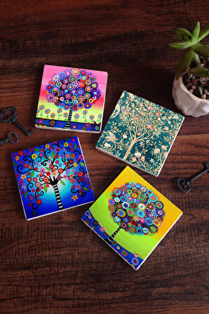 Hayat Ağacı Taş Bardak Altlığı Masaüstü Koruyucu Altlık 4 Parça Set 10x10cm Stone Coasters