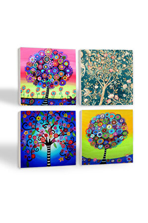 Hayat Ağacı Taş Bardak Altlığı Masaüstü Koruyucu Altlık 4 Parça Set 10x10cm Stone Coasters