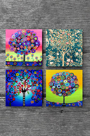 Hayat Ağacı Taş Bardak Altlığı Masaüstü Koruyucu Altlık 4 Parça Set 10x10cm Stone Coasters