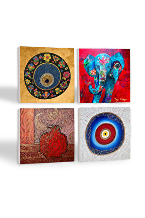 Nazar, Fil, Nar Taş Bardak Altlığı Masaüstü Koruyucu Altlık 4 Parça Set 10x10cm Stone Coasters