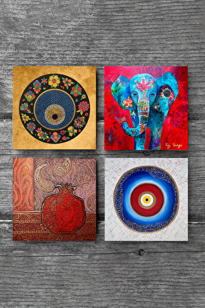 Nazar, Fil, Nar Taş Bardak Altlığı Masaüstü Koruyucu Altlık 4 Parça Set 10x10cm Stone Coasters