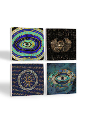 Nazar, Horus'un Gözü Taş Bardak Altlığı Masaüstü Koruyucu Altlık 4 Parça Set 10x10cm Stone Coasters