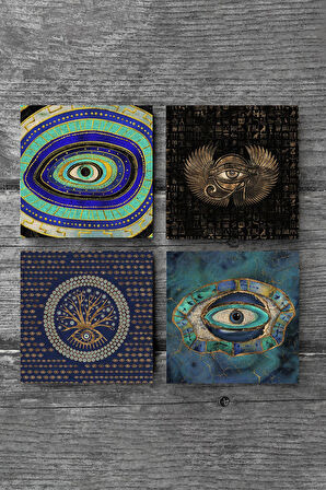 Nazar, Horus'un Gözü Taş Bardak Altlığı Masaüstü Koruyucu Altlık 4 Parça Set 10x10cm Stone Coasters