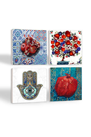 Nar Ağacı, Nar, Fatma Ana Eli (Hamsa) Taş Bardak Altlığı Masaüstü Koruyucu Altlık 4 Parça Set 10x10cm Stone Coasters