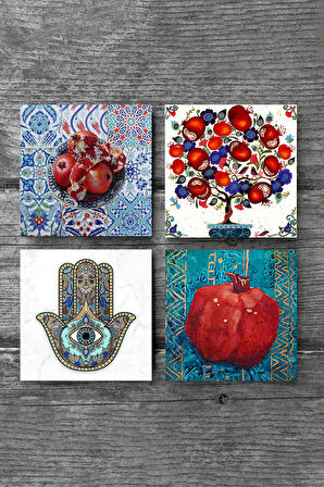 Nar Ağacı, Nar, Fatma Ana Eli (Hamsa) Taş Bardak Altlığı Masaüstü Koruyucu Altlık 4 Parça Set 10x10cm Stone Coasters